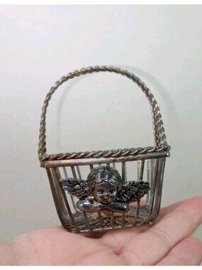 Vintage Silverplated Cherub Wicker Mini Basket Trinket Whimsy Goth
